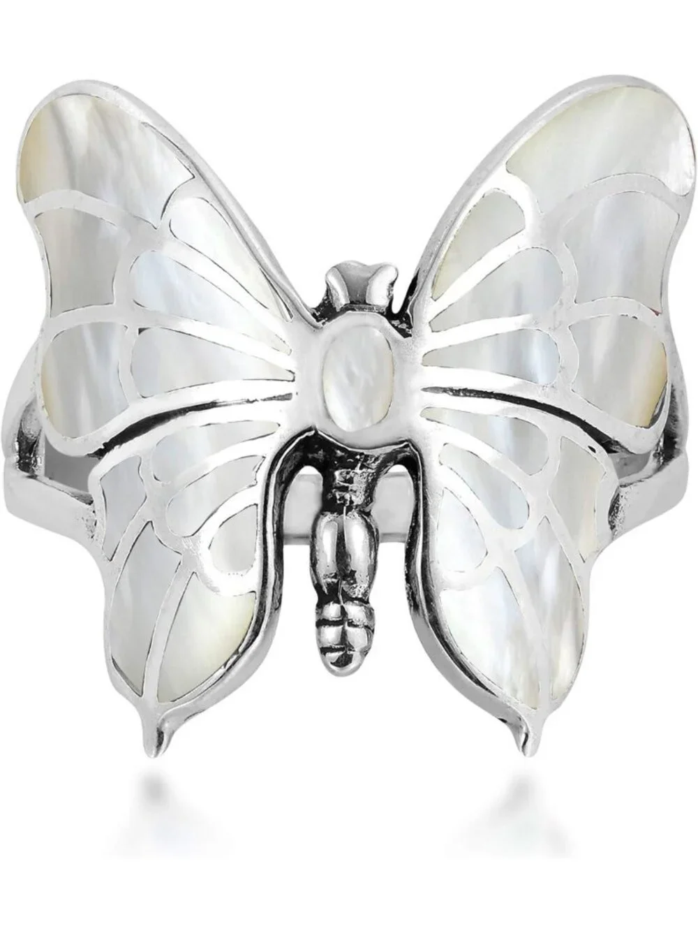Exotic Butterfly Sterling Silver Ring with White Mother of Pearl Inlay - Sizes